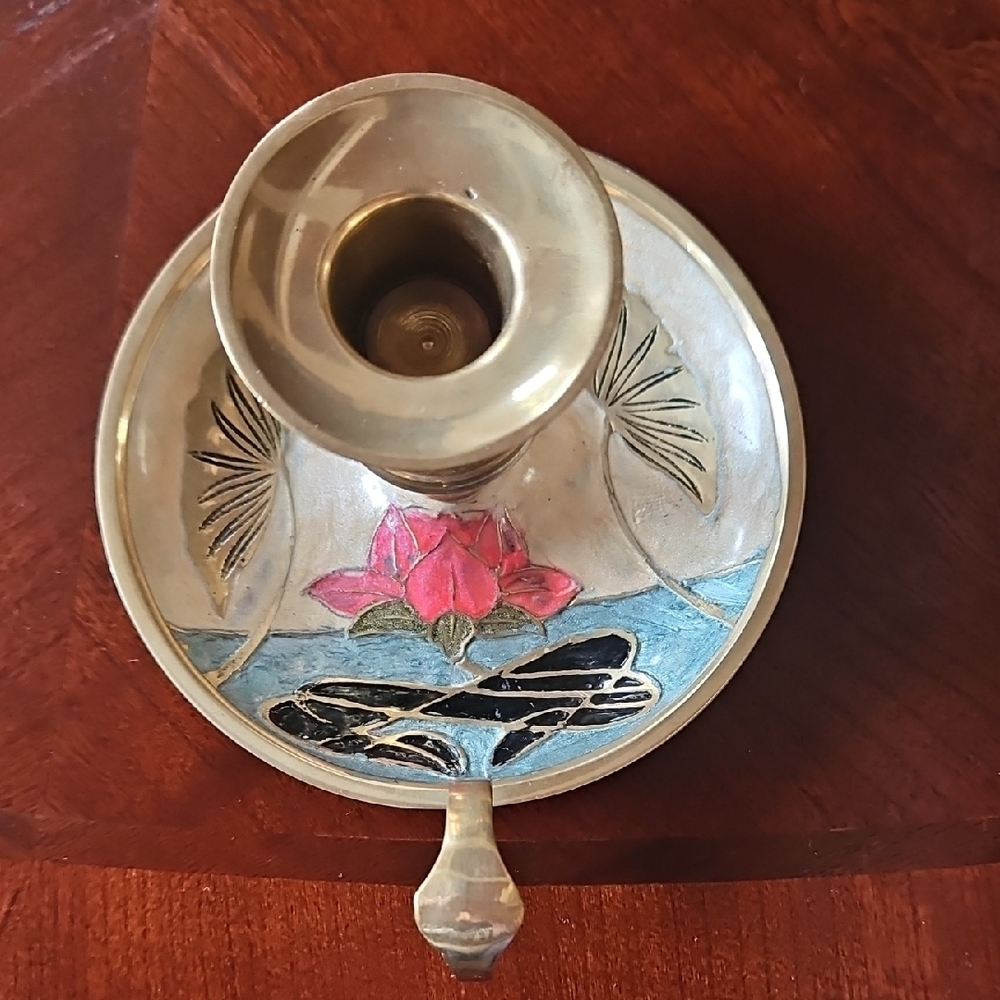Solid Brass Champlevé Enamel Handled Chamber Candlestick with Floral Leaf Motif